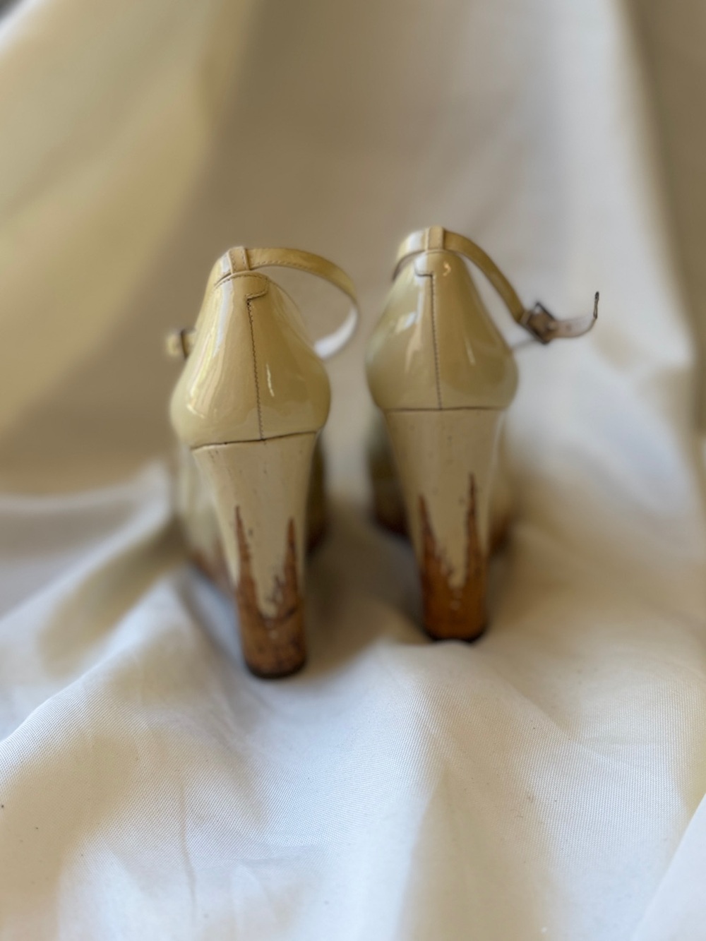 BCBGirls Cream Patent Peep-Toe Ankle Strap Wedges - Picture 3 of 6